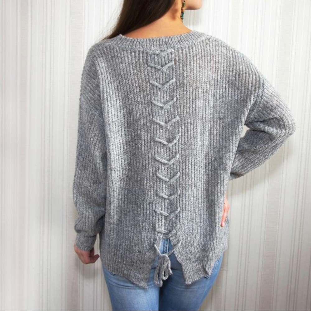 Grey wool blend Lace up sweater - Picture 1 of 8